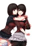  2girls absurdres amakura_mayu amakura_mio bandaged_leg bandages belt belt_buckle black_belt black_camisole black_hair black_leggings black_shirt black_skirt bob_cut breasts brown_camisole brown_eyes brown_shirt buckle buttons camera camisole camisole_over_clothes cheek-to-cheek commentary_request fatal_frame fatal_frame_ii:_crimson_butterfly feet_out_of_frame fingernails frilled_camisole frilled_sleeves frills hands_up heads_together highres holding holding_camera hug hug_from_behind invisible_chair layered_skirt leggings looking_ahead looking_at_viewer medium_breasts miniskirt mononoke_(pixiv53597254) multiple_girls parted_lips red_ribbon ribbon seiza shirt short_hair short_sleeves siblings simple_background sisters sitting skirt three-quarter_sleeves twins variant_set white_background white_skirt 