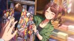  1boy 1girl black-framed_eyewear blurry blurry_foreground brown_hair card_commentary closed_eyes clothes_hanger clothes_shop commentary_request drill_hair eyewear_on_head facing_viewer game_asset glasses green_jacket grin holding holding_unworn_clothes idolmaster idolmaster_million_live! idolmaster_million_live!_theater_days indoors jacket jewelry multicolored_jacket necklace official_art open_clothes open_jacket out_of_frame print_jacket producer_(idolmaster) round_eyewear short_hair side_drill smile standing star_(symbol) star_necklace third-party_source unworn_jacket v-shaped_eyebrows yokoyama_nao 