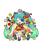  1girl :d ;d animal_ears animal_on_head ankle_strap aqua_eyes arm_ribbon bell black_outline blush bow cat cat_ears cat_girl cat_on_head chest_sarashi chibi chibi_only coin confetti detached_sleeves fang flower folding_fan footwear_bell full_body game_asset gold gradient_sleeves green_hair hair_bell hair_between_eyes hair_flower hair_ornament hair_ribbon hand_fan hatsune_miku hatsune_miku_graphy_collection holding holding_fan japanese_clothes jingle_bell kemonomimi_mode kimono kimono_skirt koban_(gold) long_sleeves looking_at_viewer multiple_tails nekomata on_head one_eye_closed open_mouth outline red_bow red_ribbon ribbon sarashi sidelocks single_paw_pose smile solo standing standing_on_one_leg tabi tail tail_bow tail_ornament transparent_background two_tails vocaloid 