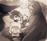  4boys absurdres animal_ear_fluff animal_ears artist_name belt belt_collar blunt_bangs blush cape child closed_eyes collar collarbone dog_boy dog_ears dog_tail double-parted_bangs english_text flat_chest greyscale hair_between_eyes highres hood hooded_cape indoors kemonomimi_mode lamp monochrome multiple_boys nipples pants pillow saihate_eki short_hair sidelocks tail tatsunami_shion topless_male tosteurmori watermark 