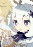  1boy 1girl :o aether_(genshin_impact) blurry bright_pupils chinese_commentary commentary depth_of_field earrings genshin_impact gold_trim gradient_eyes hair_between_eyes hair_ornament halo highres jewelry light_blush medium_hair multicolored_eyes out_of_frame paimon_(genshin_impact) pointing shao_(shaorouhong) simple_background single_earring solo_focus star_(symbol) star_hair_ornament teeth upper_body white_background white_hair white_pupils 