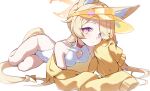  1girl above-cleavage_cutout absurdres animal_ear_fluff animal_ears blonde_hair blue_archive breasts clothing_cutout commentary_request cross_halo foreshortening fox_ears fox_girl fox_tail gradient_eyes halo highres long_hair looking_at_viewer lying multicolored_eyes official_alternate_costume one-piece_swimsuit purple_eyes seia_(blue_archive) seia_(swimsuit)_(blue_archive) shanqianqian_377 simple_background small_breasts solo swimsuit tail white_background white_one-piece_swimsuit yellow_halo yellow_visor_cap 