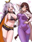  2girls alternate_hairstyle arm_behind_back arm_behind_head bare_shoulders belt bikini bikini_top_only black_bikini black_cape black_shorts blowing_kiss blue_pupils blunt_bangs blush bodysuit braid breasts brown_hair cape cleavage cloak cosplay costume_switch covered_nipples crown_braid elf emilia_(re:zero) emilia_(re:zero)_(cosplay) extra_pupils flower front-tie_bikini_top front-tie_top green_eyes hair_flower hair_ornament hair_ribbon hairstyle_switch hand_on_own_cheek hand_on_own_face hand_on_own_hip heart high_ponytail highres hood hooded_cloak large_breasts looking_at_viewer medium_breasts multi-tied_hair multiple_girls navel nurupo8128 official_alternate_costume one_eye_closed orange_belt orange_cape orange_cloak pointy_ears ponytail purple_bodysuit purple_eyes purple_ribbon re:zero_kara_hajimeru_isekai_seikatsu red_pupils ribbon rose shaula_(re:zero) shaula_(re:zero)_(cosplay) short_shorts shorts smile star_(symbol) swimsuit two-tone_cape white_background white_flower white_hair white_rose x_hair_ornament 