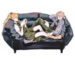  2girls black_necktie blonde_hair blush book closed_eyes commentary couch dungeon_meshi elf falin_touden falin_touden_(tallman) full_body green_pants green_shirt hair_behind_ear hair_ribbon hand_on_another's_leg head_rest highres holding holding_book long_hair long_sleeves looking_at_another lying marcille_donato multiple_girls necktie on_couch open_book open_clothes open_shirt pants plaid_clothes plaid_shirt pointy_ears ponytail ribbon shirt short_hair short_ponytail shorts simple_background smile socks sweater_vest untranslatable_commentary white_background xbeanknone 