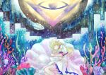  1girl absurdres blonde_hair clam_shell closed_eyes closed_mouth commentary_request dress emloste eye_of_providence frilled_dress frilled_sleeves frills gem hair_ornament highres long_hair lying on_side pearl_(gemstone) puffy_short_sleeves puffy_sleeves seaweed shell shell_hair_ornament short_sleeves sleeping solo touhou watari_nina white_dress 