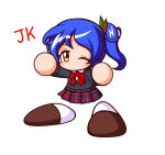  1girl arm_up black_sweater_vest bow bowtie brown_eyes brown_shoes commentary_request jikkyou_powerful_pro_yakyuu jikkyou_powerful_pro_yakyuu_(style) multicolored_shoes no_mouth ogawa_meguru one_eye_closed one_side_up rayman_limbs red_bow red_bowtie school_uniform shiroi_tansu shirt shoes smile solo sweater_vest two-tone_shoes white_background white_shirt white_shoes 