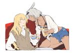  1boy 1girl absurdres alternate_costume animal_ears arm_support bare_legs bikini black_bikini black_hairband blonde_hair blue_eyes blue_shorts body_markings border brown_sweater_vest caenis_(fate) chinese_commentary closed_mouth collared_shirt commentary_request couch cup dark-skinned_female dark_skin denim denim_shorts drink drinking_glass drinking_straw eye_contact face-to-face fate/grand_order fate_(series) flat_color food fruit grey_hair hair_between_eyes hair_tubes hairband hetero highres holding holding_cup horse_ears ice ice_cube kirschtaria_wodime kneeling lemon lemon_slice long_hair long_sleeves looking_at_another low_ponytail luciaicefish on_couch pants parted_lips ponytail shirt short_shorts shorts simple_background single_hair_tube sitting smile sweater_vest swimsuit tea teacup white_background white_border white_pants white_shirt 