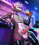 animal_genitalia animal_penis anthro armwear athletic athletic_anthro athletic_male balls bar beverage black_latex blue_eyes blurred_background canid canine canine_genitalia canine_penis canis clothing collar condom elbow_gloves erection featureless_chest femboy fishnet_clothing fishnet_crop_top fishnet_shirt fishnet_topwear genitals glass gloves grey_body handwear hi_res holding_condom holding_object knot knotted_penis latex latex_armwear latex_clothing latex_elbow_gloves latex_gloves latex_handwear latex_legwear latex_thigh_highs leaning leaning_backward legwear looking_at_viewer male male_anthro mammal multicolored_body nightclub open_mouth penis pink_body sexual_barrier_device sheath shirt slim_anthro slim_male solo standing thick_thighs thigh_highs tofuzinn tongue tongue_out topwear white_body wolf