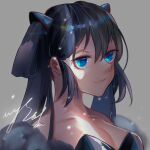  1girl armpit_crease black_hair blue_eyes breasts collarbone grey_background hair_between_eyes light_rays long_hair mysoda open_mouth original puffy_sleeves shiny shiny_hair signature simple_background slit_pupils smile solo twintails upper_body 
