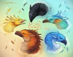 2025 alternate_species ambiguous_gender avian beak black_body black_feathers blue_background blue_body blue_eyes blue_feathers brown_background brown_body brown_eyes brown_feathers cheek_tuft clay_(wof) facial_tuft feathers feral glory_(wof) gradient_background green_background green_body green_eyes green_feathers group gryphon hi_res inner_ear_fluff mythological_avian mythological_creature mythology open_mouth orange_body orange_feathers ququshkas shaded signature simple_background smile starflight_(wof) sunny_(wof) tsunami_(wof) tuft wings_of_fire yellow_body yellow_feathers