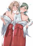  2girls absurdres ahoge bangs blush bottle breasts brown_eyes brown_hair cleavage collarbone cup floating_hair green_eyes green_hair hakama hakama_skirt hand_on_another&#039;s_shoulder highres holding idolmaster idolmaster_shiny_colors japanese_clothes kimono kuwayama_chiyuki long_hair low_ponytail medium_breasts miko multiple_girls nanakusa_hazuki off_shoulder open_mouth red_hakama sakazuki sake_bottle shiny shiny_hair shiny_skin sidelocks simple_background skirt standing swept_bangs umirororo white_background white_kimono 