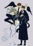  2boys animal_ears black_coat black_necktie black_shirt black_vest black_wings blue_ribbon bouquet cat_boy cat_ears coat collared_shirt commentary_request cursive demon_king_of_salvation demon_wings english_text feathered_wings floating flower full_body hair_flower hair_ornament hand_in_pocket highres holding holding_bouquet kim_dokja looking_at_another male_focus multiple_boys necktie omniscient_reader's_viewpoint open_clothes open_coat popped_collar ribbon shirt standing typo_koneko vest white_coat white_shirt wings yoo_joonghyuk 