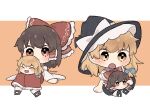  2girls apron black_hat black_skirt blonde_hair blue_bow blush bow braid brown_eyes brown_hair closed_mouth commentary_request detached_sleeves frilled_bow frilled_hair_tubes frills hair_bow hair_tubes hakurei_reimu hat hat_bow highres kirisame_marisa long_hair multi-source_commentary multiple_girls open_mouth red_bow red_skirt side_braid single_braid sitting skirt smile touhou uzuki_(amayadori) waist_apron white_apron white_bow witch_hat yellow_eyes yukkuri_shiteitte_ne 