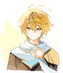  1boy aether_(genshin_impact) antenna_hair armor blonde_hair blush brown_shirt closed_mouth earrings feather_earrings feathers genshin_impact gold_trim hair_between_eyes highres jewelry long_hair looking_at_viewer male_focus notice_lines sa_mhe scarf shirt short_sleeves shoulder_armor single_earring smile solo star_(symbol) star_symbol_background upper_body white_background white_scarf yellow_eyes 