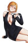  1girl absurdres bare_shoulders black_choker black_dress black_gloves blush breasts brown_eyes brown_hair choker commentary dress earrings elbow_gloves frown gloves hammer highres holding holding_hammer holding_nail jewelry jujutsu_kaisen kugisaki_nobara large_breasts nail_(hardware) ring short_hair simple_background sitting solo waligner 