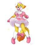 accessory anthro bib blue_eyes blush booties bow_ribbon bunana canid canine clothed clothing crossdressing crown diaper dipstick_tail dress femboy feminization fennec_fox fox fur furgonomics headgear hi_res magic male mammal markings object_in_mouth orange_body orange_fur pacifier pacifier_in_mouth princess_dress ribbons shirt simple_background solo sparkles standing tail tail_accessory tail_bow tail_markings tail_ribbon tiara topwear true_fox white_body white_fur yellow_body yellow_fur