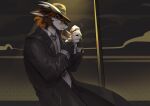 2026 5_fingers anthro biped bottomwear cigarette claws clothed clothed_anthro clothed_male clothing coat digital_drawing_(artwork) digital_media_(artwork) dragon finger_claws fingers fire fully_clothed fully_clothed_anthro fully_clothed_male hair hat headgear headwear hi_res horn looking_at_viewer male mythological_creature mythological_scalie mythology scalie shirt solo standing tlt_echelon topwear