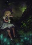  1girl 4oop apron blonde_hair commentary_request dark flask forest full_body glowing_mushroom hat highres holding holding_flask holding_test_tube kirisame_marisa leaf long_hair looking_at_object nature outdoors plant pouring purple_hat purple_skirt purple_vest shirt shoes short_sleeves sitting skirt smile socks solo test_tube touhou vest waist_apron white_apron white_shirt white_socks witch_hat yellow_eyes 