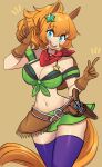  1girl absurdres animal_ears armband bandana bandeau bare_shoulders blue_eyes breasts brown_gloves brown_hair cleavage colt_single_action_army commentary cowboy_hat english_commentary gloves green_armband green_bandeau green_skirt gun hair_ornament hat hat_on_back highres holstered horse_ears horse_girl horse_tail large_breasts long_hair looking_at_viewer midriff missandydandy navel open_mouth ponytail purple_thighhighs red_bandana revolver sheriff_badge simple_background skirt smile solo star_(symbol) star_hair_ornament taiki_shuttle_(umamusume) taiki_shuttle_(wild_frontier)_(umamusume) tail teeth thighhighs umamusume upper_teeth_only weapon 
