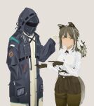  1girl 1other 24ersi absurdres animal_ears arknights barcode black_coat black_mask black_shorts blush breasts brown_pantyhose coat commentary_request cross_tie hand_in_pocket height_difference highres hood hooded_coat large_breasts mask pantyhose raccoon_ears raccoon_girl robin_(arknights) shirt shorts smile v white_coat white_shirt 