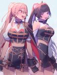  2girls :d absurdres black_gloves black_hair blush breasts brown_hair capelet clothing_cutout colored_inner_hair commentary_request earrings furen_e_lustario glint gloves headset high_ponytail highres jewelry large_breasts meloco_kyoran midriff multicolored_hair multiple_girls nijisanji nijisanji_en nijisanji_idol_uniform ponytail purple_eyes red_eyes shoulder_cutout simple_background single_bare_shoulder smile translation_request ubo_(ubo_tales) virtual_youtuber white_background 