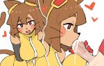  1girl absurdres animal_ears animal_nose breasts brown_hair cat_ears cat_girl cat_tail cum cum_in_mouth dress fellatio furry furry_female furry_with_non-furry gameoverse gauntlets goggles goggles_on_head hetero highres interspecies kit_(gameoverse) large_breasts lunatheri oral red_eyes tail whiskers yellow_dress yellow_gauntlets 