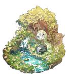  1girl :d absurdres byakuen_no_popo commentary_request flower green_eyes highres lily_pad meloetta open_mouth pokemon pokemon_(creature) pokemon_focus sign sitting smile solo tree_stump water 