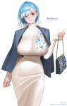  1girl arichuu_u bag blue_eyes blue_hair breasts closed_mouth colored_tips commentary cowboy_shot dress handbag highres holding holding_bag hololive hololive_indonesia jacket jacket_on_shoulders kobo_kanaeru large_breasts long_sleeves mature_female medium_hair multicolored_hair simple_background sleeves_past_wrists smile solo standing sweater turtleneck turtleneck_sweater virtual_youtuber white_background white_dress 