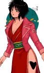  1girl bangs black_hair blush breasts cleavage commentary commentary_request dress eyebrows_behind_hair green_eyes highres jacket open_clothes open_jacket open_mouth parted_lips pink_jacket red_dress rin_(toriko) short_hair simple_background solo standing thigh_pouch toriko_(series) translated xxharomikanxx 