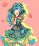  1girl apron blue_hair blush commentary_request dress frilled_apron frills green_apron green_headscarf hand_on_own_chin haniwa_(statue) haniyasushin_keiki headscarf heart heart_in_mouth highres holding long_hair looking_at_viewer one_eye_closed puffy_short_sleeves puffy_sleeves red_background red_eyes short_sleeves solo sparkling_eyes tools touhou uwazumi yellow_dress 