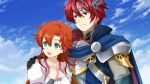  1boy 1girl :d armor bangs black_gloves blue_eyes blue_sky breastplate breasts brown_eyes brown_hair chris_(langrisser) cleavage cloud collarbone couple day elwin_(langrisser) eyebrows_visible_through_hair game_cg gloves hair_between_eyes hand_on_another&#039;s_shoulder headpiece highres langrisser long_hair medium_breasts official_art open_mouth outdoors red_hair shiny shiny_hair short_hair shoulder_armor sky smile upper_body 
