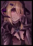  1girl andoris_(girls'_frontline_2) andoris_(midnight_whisper)_(girls'_frontline_2) artist_name black_border blindfold blindfold_lift blonde_hair blush border breasts chest_harness commentary_request demon_girl demon_horns feet_out_of_frame girls'_frontline girls'_frontline_2:_exilium hair_ornament hairclip halloween_costume harness horns kneeling leotard long_hair looking_at_viewer medium_breasts mole mole_under_eye mole_under_mouth official_alternate_costume one_eye_covered open_mouth parted_lips purple_background purple_eyes purple_horns purple_leotard purple_veil sidelocks simple_background smile solo umano_sora veil 