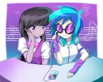  2girls animification black_hair blue_hair blush border bow bowtie colored_skin commentary_request cutie_mark cutie_mark_print earphones fingerless_gloves gloves grey_skin grin headphones headphones_around_neck ipod ipod_nano jacket long_hair medium_hair mp3_player multicolored_hair multiple_girls musical_note my_little_pony my_little_pony:_equestria_girls my_little_pony:_friendship_is_magic octavia_melody octavia_melody_(equestria_girls) one_eye_closed purple-tinted_eyewear purple_bow purple_bowtie purple_eyes purple_gloves purple_vest ryuu_(ryuraconis) scene_cut shared_earphones shirt short_sleeves sitting smile streaked_hair sunglasses table tinted_eyewear vest vinyl_scratch vinyl_scratch_(equestria_girls) white_border white_jacket white_shirt white_skin yuri 