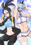  2girls :d abs arm_up black_hair black_jacket black_pants blue_shirt clenched_hand clenched_hands cloud commentary_request cropped_shirt cross_scar day dendra_(pokemon) eri_(pokemon) facepaint fingerless_gloves gloves grey_eyes grin hand_up highres jacket kikyouta long_hair multiple_girls navel open_clothes open_jacket open_mouth outdoors pants pokemon pokemon_scarlet_and_violet scar scar_on_face scar_on_forehead shirt shorts sidelocks sky smile steaming_body teeth thighhighs upper_teeth_only yellow_gloves 