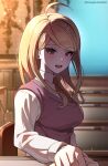  1girl ahoge akamatsu_kaede blonde_hair blush breasts classroom collared_shirt commentary crest danganronpa_(series) danganronpa_v3:_killing_harmony desk doughnut_(smmp4848) eyelashes foreshortening hair_ornament highres holding_hands long_hair long_sleeves looking_at_viewer musical_note musical_note_hair_ornament necktie open_mouth orange_necktie pink_sweater_vest pink_vest pov pov_hands purple_eyes scene_reference school_desk shirt sidelighting sitting smile solo_focus sweater_vest twitter_username upper_body vest white_shirt 