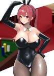  1girl absurdres animal_ears arm_up armpits bare_shoulders bisco_(bisco_art) black_gloves black_leotard breasts casino cleavage contrapposto covered_navel detached_collar elbow_gloves error eyebrows_visible_through_hair fake_animal_ears gloves hand_on_hip heterochromia highres hololive houshou_marine huge_breasts leotard light_blush long_hair looking_at_viewer pantyhose playboy_bunny polydactyly rabbit_ears red_eyes red_hair skin_tight skindentation smile smirk solo strapless strapless_leotard thighs twintails virtual_youtuber yellow_eyes 