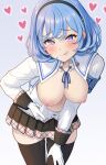  1girl :q armband aroused bent_over black_hairband black_skirt black_thighhighs blue_armband blue_eyes blue_hair blue_ribbon blush boots breasts cleavage collared_shirt commentary_request cowboy_shot furrowed_brow gloves gradient_background hairband hand_on_own_thigh heart heart-shaped_pupils highres large_breasts leaning_forward long_sleeves looking_at_viewer minamoto_natsuki miniskirt minotsuki_academy_school_uniform nipples nukigee_mitai_na_shima_ni_sunderu_watashi_wa_dou_surya_ii_desu_ka? onabuta_ikuko pleated_skirt presenting_breasts pussy_juice revealing_clothes ribbon school_uniform shirt skindentation skirt solo standing symbol-shaped_pupils thighhighs thighs tongue tongue_out white_boots white_gloves white_shirt zettai_ryouiki 