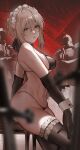 1girl artoria_pendragon_(fate) bikini black_bikini black_gloves black_thighhighs blonde_hair braid braided_base breasts bun_with_braided_base chair commentary elbow_gloves fate/grand_order fate_(series) gloves hair_bun highres large_breasts maid maid_bikini maid_headdress navel on_chair saber_alter saber_alter_(swimsuit_rider)_(second_ascension) short_hair sitting solo stomach swimsuit thighhighs thighs ump45m unconventional_maid wrist_cuffs yellow_eyes 