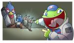 amphibian annoyed anthro avian baseball_cap beak big_mouth_(anatomy) bird blue_body blue_eyes blue_feathers cellphone clothed clothing duo electronics falco_lombardi falcon falconid feathers feet frog gesture goofy_smile green_body green_skin hand_gesture hat headgear headwear hi_res jacket light light_beam male nintendo open_clothing open_jacket open_topwear phone pink_tongue pointing pointing_at_another potoobrigham scarf slippy_toad smartphone star_fox talons toad_(frog) toes tongue topwear yellow_beak