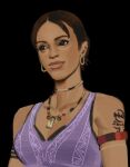  1girl armband brown_eyes brown_hair commentary dark-skinned_female dark_skin earrings english_commentary eyeliner head_tilt highres hoop_earrings jewelry looking_to_the_side makeup natural_plauche necklace resident_evil resident_evil_5 sheva_alomar short_hair smile solo upper_body 