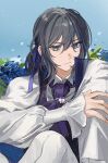  1boy absurdres ascot blue_eyes blue_flower capelet choroi_amachori closed_mouth collared_shirt commentary_request fate/grand_order fate_(series) flower formal_clothes grey_hair hair_between_eyes hair_ribbon hand_on_own_arm hand_up highres knee_up long_sleeves looking_at_viewer male_focus medium_hair oberon_(fate) oberon_(third_ascension)_(fate) official_alternate_costume official_alternate_hairstyle pants ponytail puffy_long_sleeves puffy_sleeves purple_ascot purple_ribbon purple_vest ribbon shirt short_ponytail sitting sleeves_past_wrists solo vest white_capelet white_pants white_shirt 