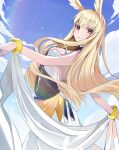  1girl armor armored_dress blonde_hair blue_sky blush bracelet breasts chun_xia cloud commentary_request day dress fate/grand_order fate_(series) head_wings highres jewelry long_dress long_hair looking_at_viewer medium_breasts outdoors pink_eyes sky smile solo thrud_(fate) valkyrie_(fate) very_long_hair white_dress 