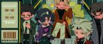  1girl 4boys black_hair black_necktie black_shirt blonde_hair character_request cheon_inho coat collared_shirt crop_top crossed_legs curtained_hair deformed grin highres jacket long_sidelocks midriff multiple_boys necktie nicayuko omniscient_reader's_viewpoint open_clothes open_coat open_jacket print_shirt purple_jacket red_coat shirt sidelocks sitting smile sticky_note suit_jacket ticket train_station_platform white_shirt 