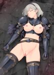  1girl armor armored_boots armored_legwear belt belt_buckle black_armor black_hairband black_knightess_(kirishima_satoshi) boobplate boots breastplate breasts brown_gloves buckle cape censored closed_eyes commentary_request cracked_armor elbow_gloves gauntlets gloves greaves grey_hair hairband kirishima_satoshi knight large_breasts leg_armor lying mosaic_censoring navel nipples on_back original pauldrons poleyn pussy short_hair shoulder_armor solo unconscious underwear vambraces 