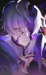  1boy birdsofpasssage black_trim closed_mouth collared_shirt commentary cracked_skin grey_eyes highres honkai:_star_rail honkai_(series) looking_at_viewer male_focus parted_bangs phainon_(honkai:_star_rail) shirt short_hair solo upper_body white_hair white_shirt 