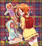  1girl backpack bad_id bad_pixiv_id bag brown_eyes donut food food_in_mouth glasses hood hoodie layered_sleeves long_sleeves looking_at_viewer miniskirt multiple_views orange_hair outline overalls pama pink-tinted_eyewear plaid_background pleated_skirt polka_dot precure randoseru semi-rimless_eyewear shirabe_ako short_hair short_over_long_sleeves short_sleeves skirt solo star_(symbol) suite_precure thighhighs tinted_eyewear 
