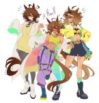  3girls absurdres agnes_tachyon_(tach-nology)_(umamusume) agnes_tachyon_(umamusume) ahoge animal_ears bandeau bare_shoulders black_pantyhose blue_skirt blush boots braid breasts brown_hair calamity_brezze chemical_structure closed_eyes closed_mouth coat commentary cork earrings embarrassed english_commentary fishnet_top fishnets green_socks hair_between_eyes hair_ornament hairclip half_up_half_down_braid hand_on_another's_shoulder highres horse_ears horse_girl horse_tail jacket jewelry jungle_pocket_(champion's_battle_cry)_(umamusume) jungle_pocket_(umamusume) lab_coat long_sleeves medium_hair mother_and_child mother_and_daughter multiple_girls navel necktie notched_ear open_clothes open_mouth pants pantyhose parent_and_child purple_pants red_eyes shirt short_necktie single_loose_sock skirt sleeves_past_fingers sleeves_past_wrists small_breasts smile socks steel-toe_boots suspender_skirt suspenders sweater sweater_vest tail test_tube umamusume white_boots white_coat wolf_cut yellow_bandeau yellow_jacket yellow_shirt yellow_sweater yellow_sweater_vest 