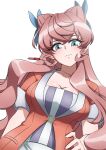 1girl aqua_eyes breasts butterfly_hair_ornament cleavage closed_mouth commentary_request cropped_torso crossed_bangs double-parted_bangs floating_hair hair_between_eyes hair_ears hair_ornament hakuihakko0706 hand_on_own_hip head_tilt highres jewelry large_breasts light_smile long_hair looking_at_viewer maria_cadenzavna_eve necklace pendant pink_hair senki_zesshou_symphogear simple_background upper_body very_long_hair wavy_sidelocks white_background 