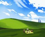  .flow 3girls bliss_(image) blonde_hair blue_sky braid brown_hair chibi chibi_only closed_eyes cloud cloudy_sky commentary dickydoboy drink eating food grass highres hill holding holding_drink landscape madotsuki mountain multiple_girls no_mouth onigiri picnic picnic_basket picnic_blanket sabitsuki sky soda twin_braids untranslatable_commentary urotsuki white_hair yume_2kki yume_nikki 