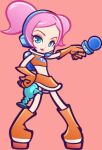  1girl blue_eyes boots corn_xyrup crop_top cyber_fashion energy_gun gloves headset holding holding_microphone jetpack looking_at_viewer lowres microphone orange_boots orange_gloves pink_hair platform_boots ray_gun retrofuturism short_twintails sleeveless space_channel_5 twintails ulala weapon 